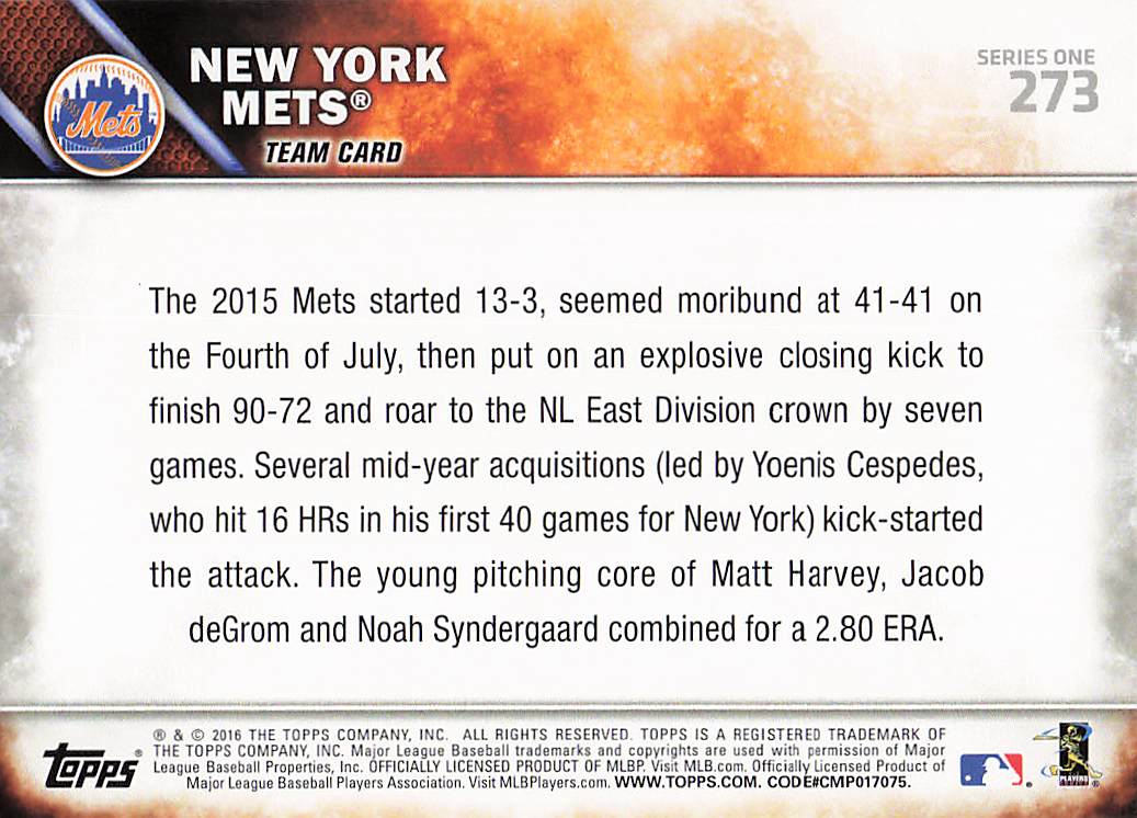 2016 Topps Baseball New York Mets #273