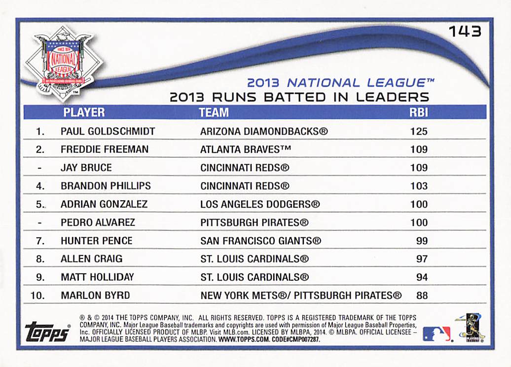 2014 Topps Baseball Paul Goldschmidt / Jay Bruce / Freddie Freeman #143