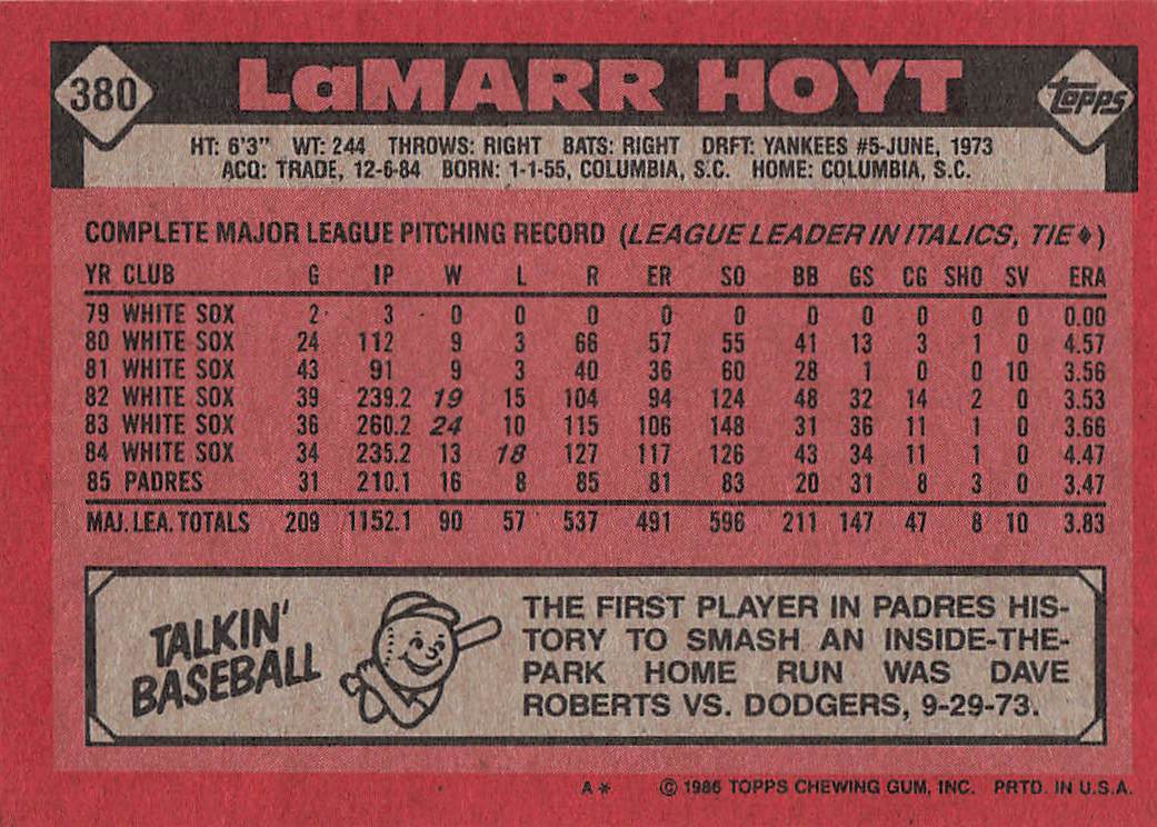 1986 Topps Baseball LaMarr Hoyt #380