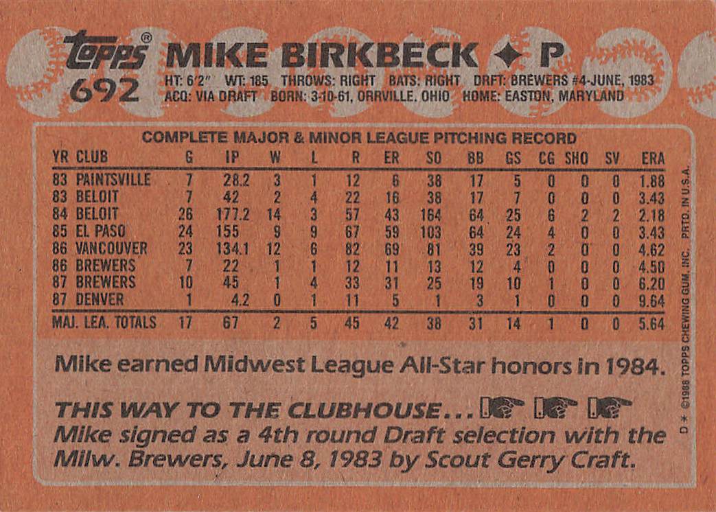 1988 Topps Baseball Mike Birkbeck #692