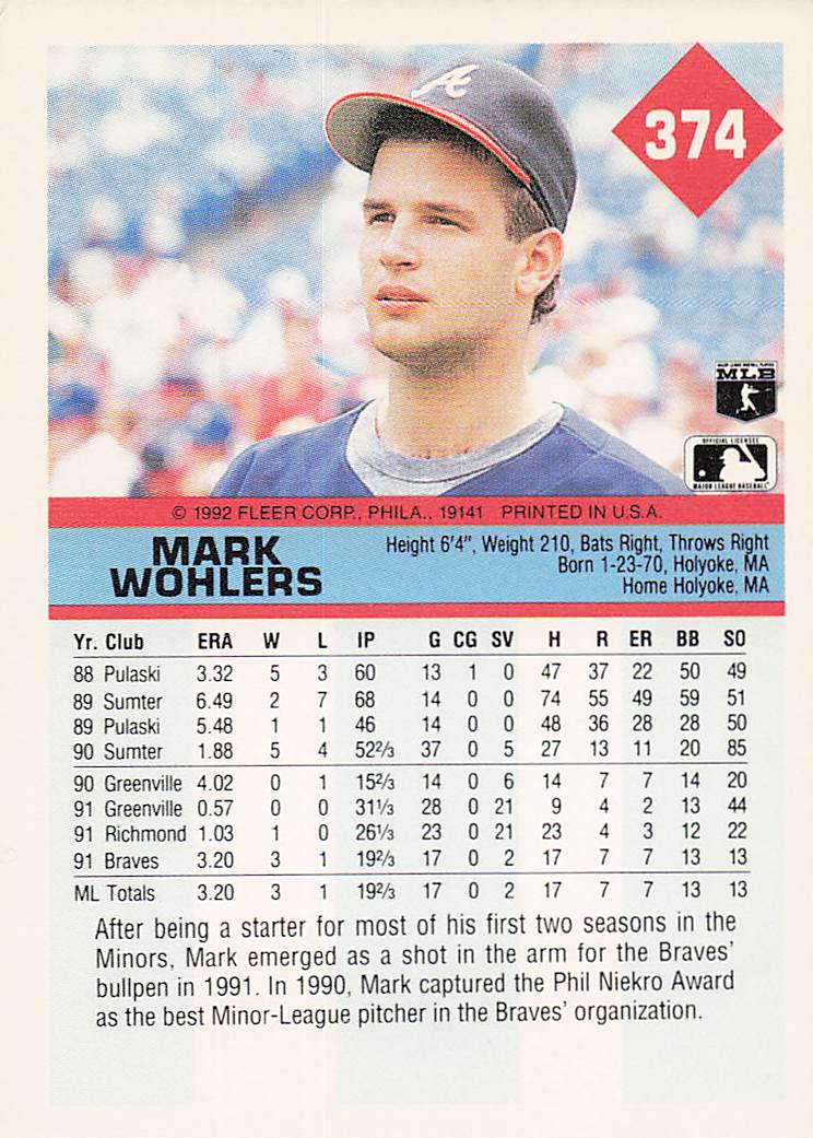 1992 Fleer Baseball Mark Wohlers #374b