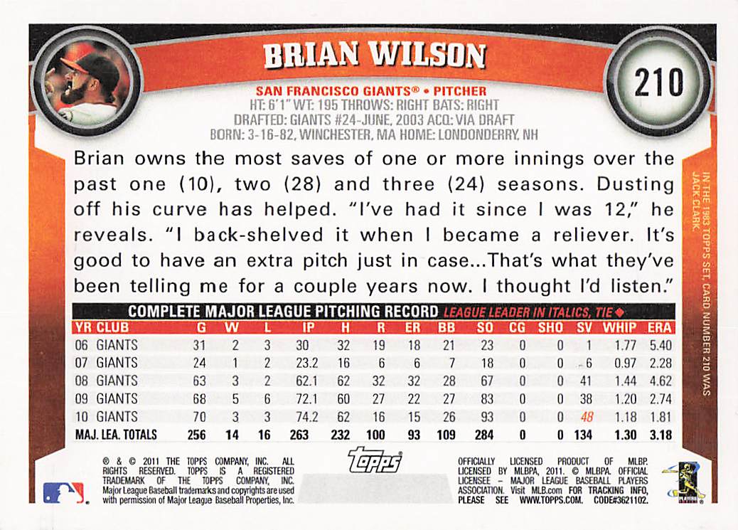 2011 Topps Baseball Brian Wilson #210a