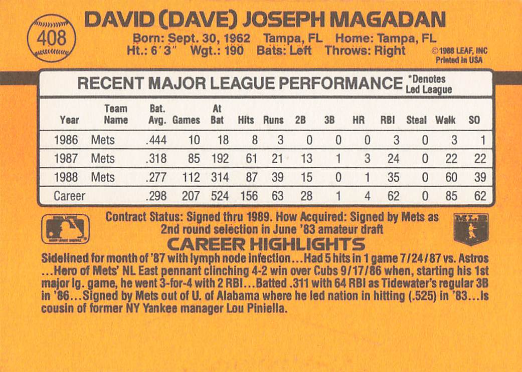 1989 Donruss Baseball Dave Magadan #408b