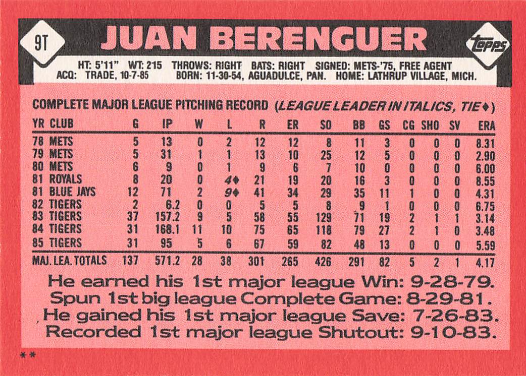 1986 Topps Traded Baseball Juan Berenguer #9T