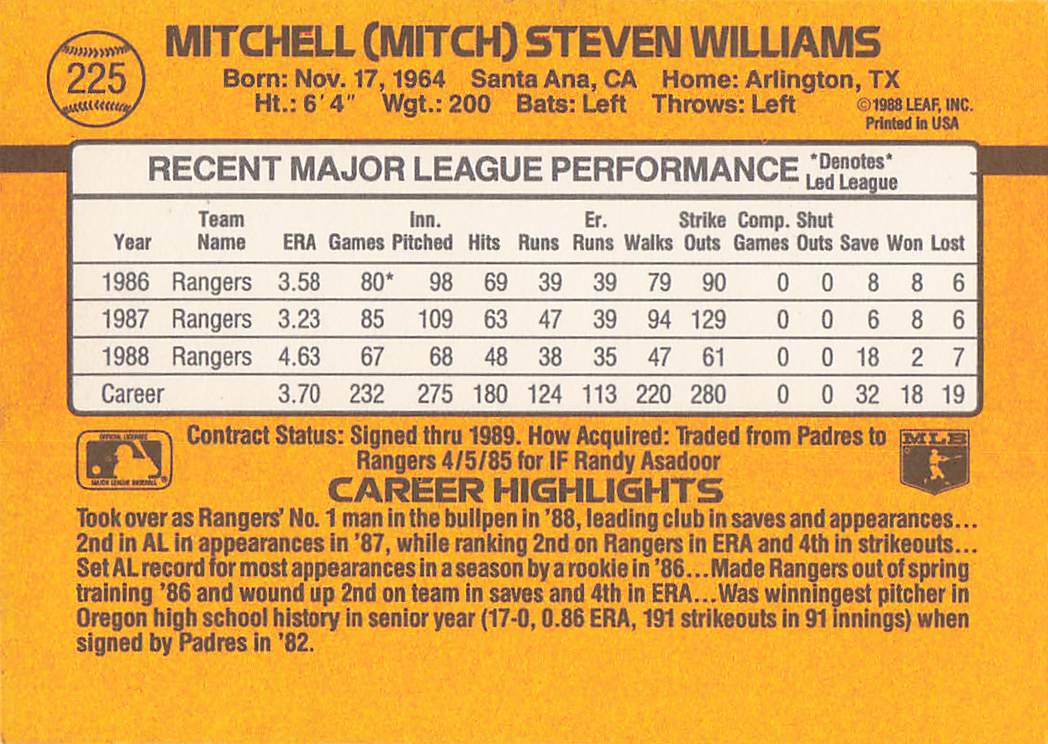 1989 Donruss Baseball Mitch Williams #225b
