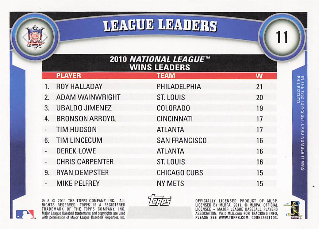 2011 Topps Baseball (Roy Halladay / Adam Wainwright / Ubaldo Jimenez) #11