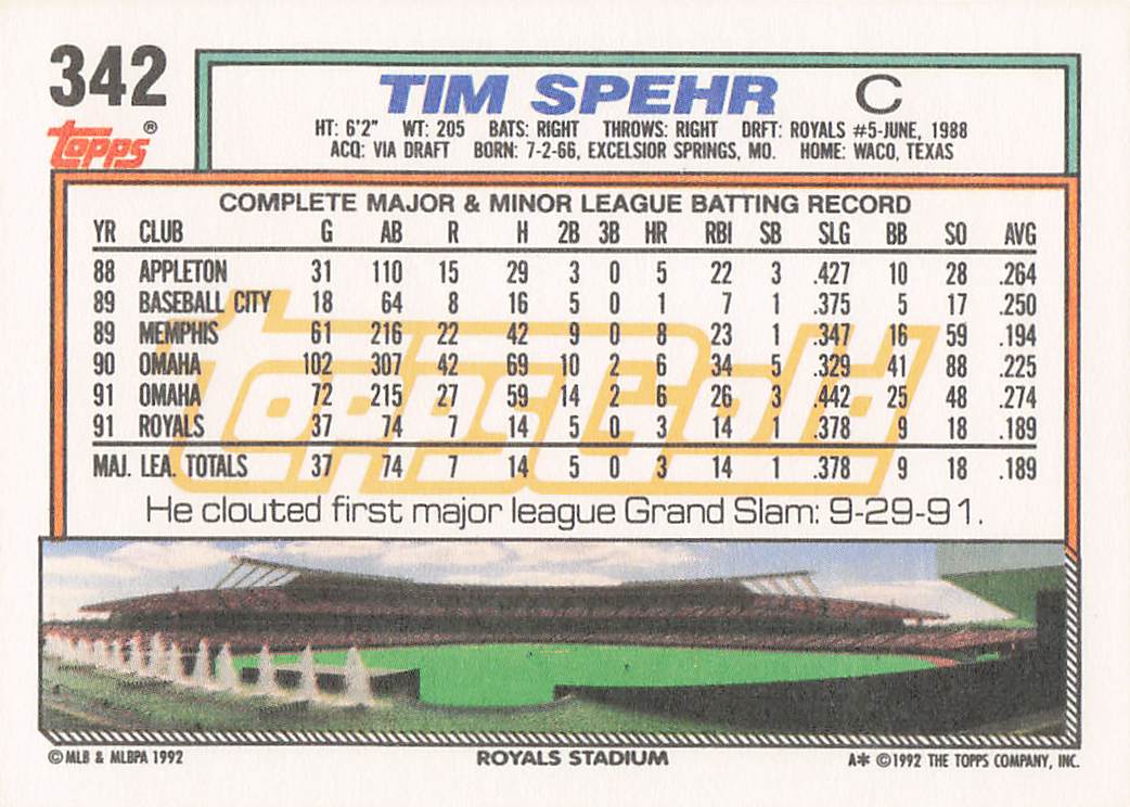 1992 Topps Baseball Tim Spehr #342