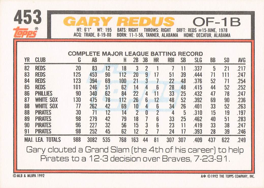1992 Topps Baseball Gary Redus #453