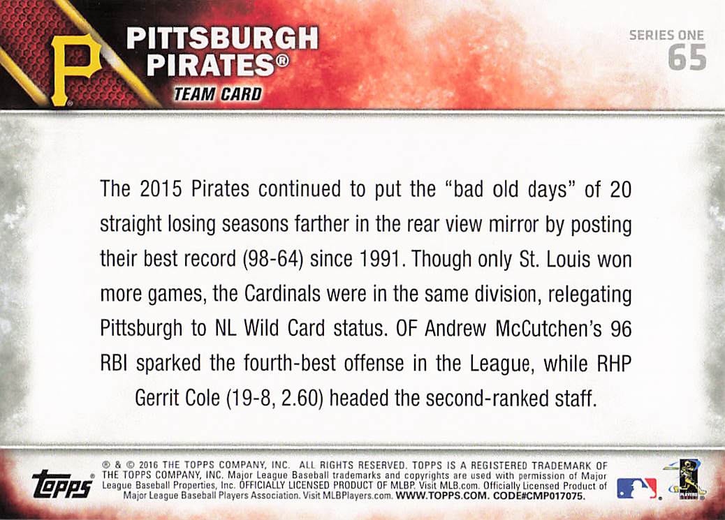 2016 Topps Baseball Pittsburgh Pirates #65