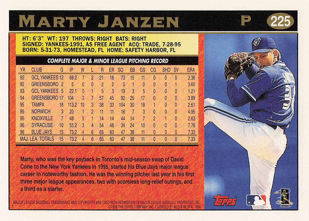 1997 Topps Baseball Marty Janzen #225