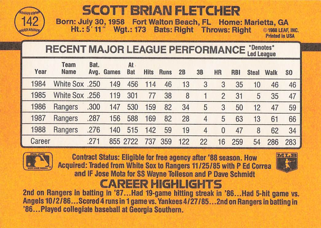 1989 Donruss Baseball Scott Fletcher #142b