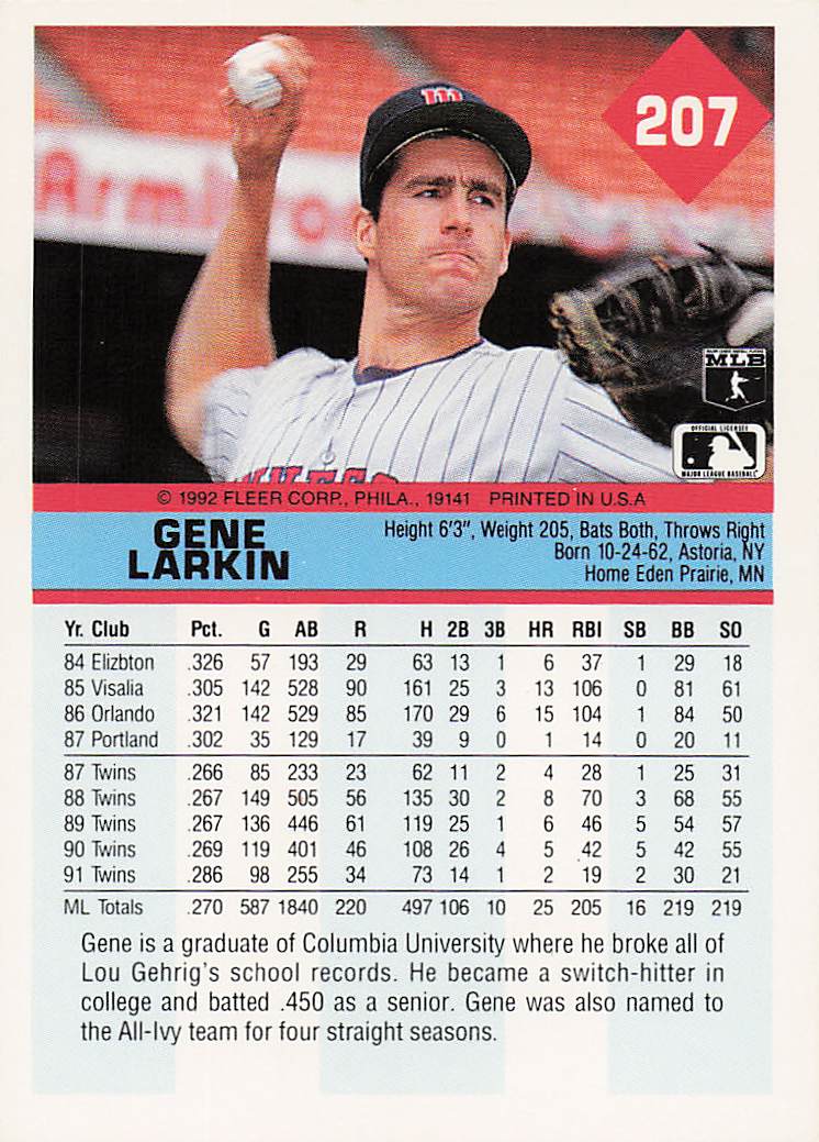 1992 Fleer Baseball Gene Larkin #207b