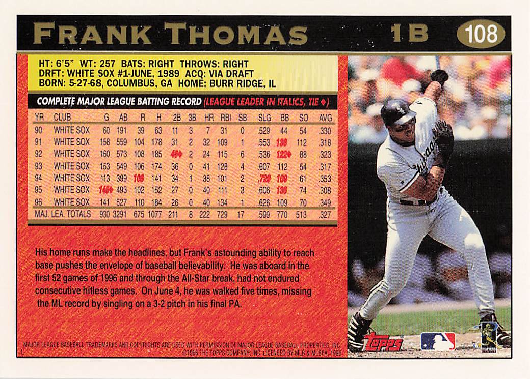 1997 Topps Baseball Frank Thomas #108
