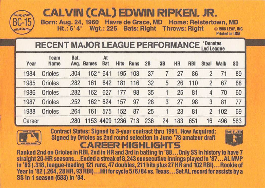 1989 Donruss Baseball Bonus MVP's Cal Ripken #BC-15d