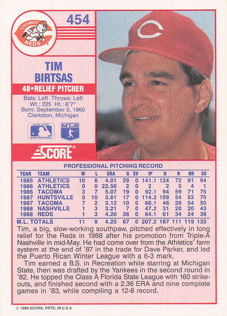 1989 Score Baseball Tim Birtsas #454