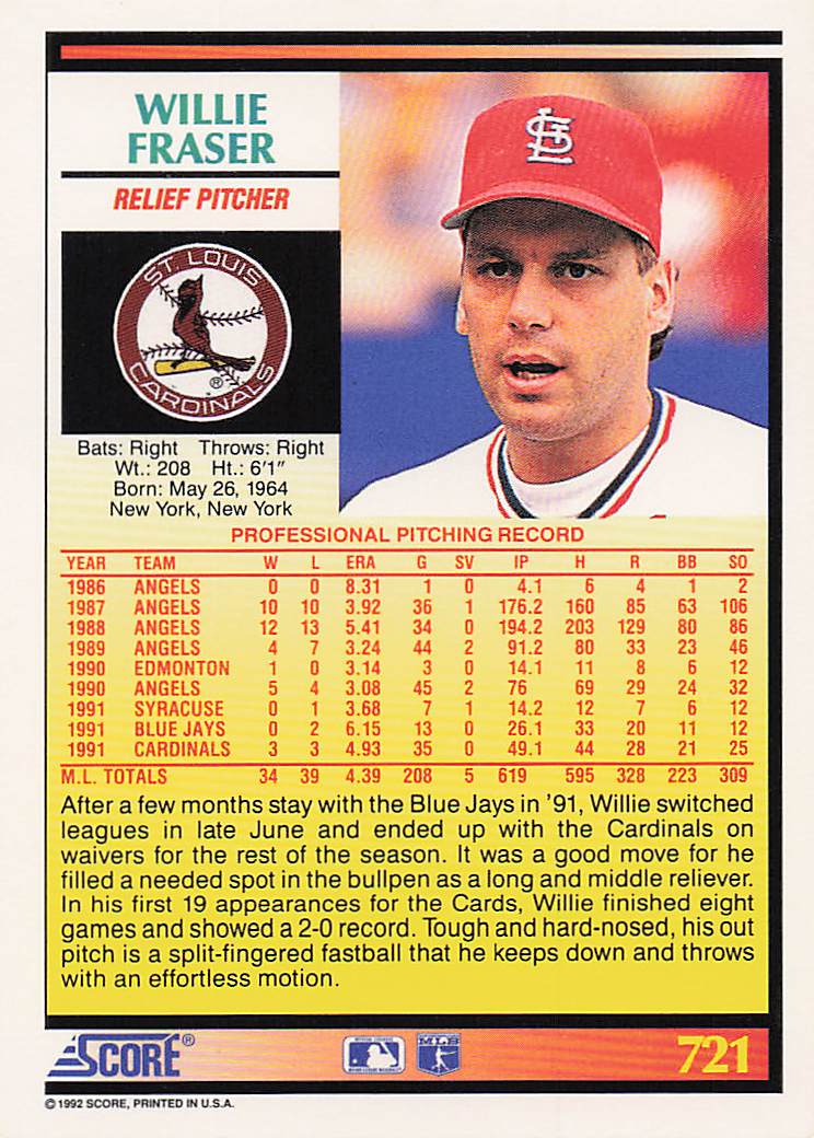 1992 Score Baseball Willie Fraser #721