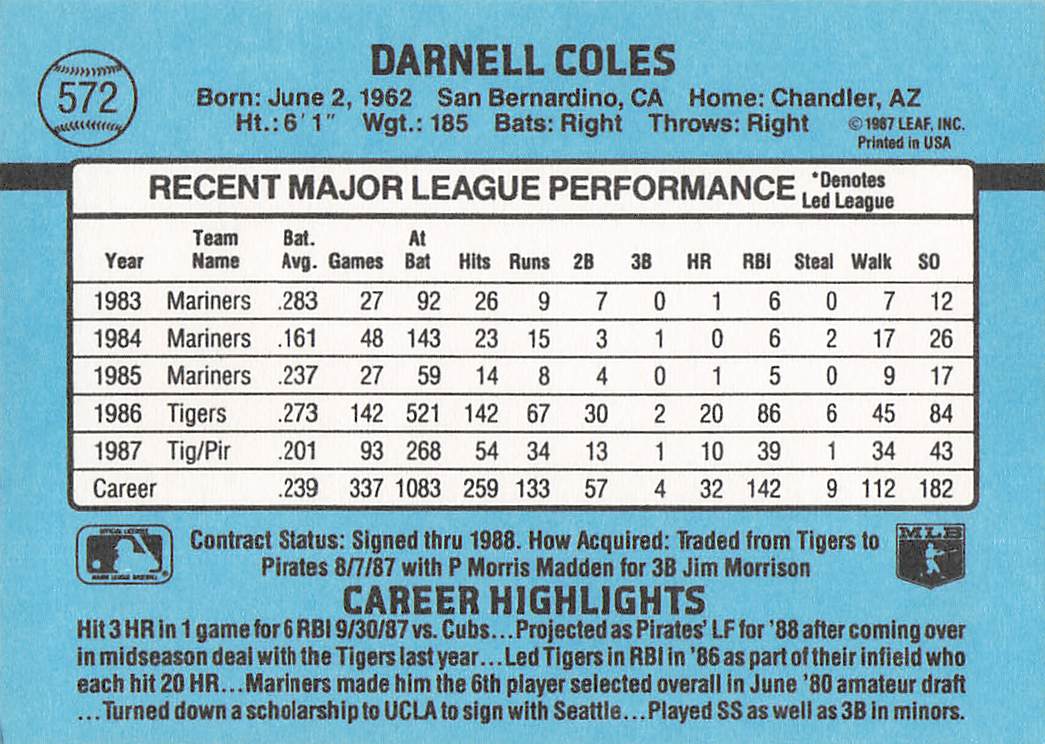 1988 Donruss Baseball Darnell Coles #572