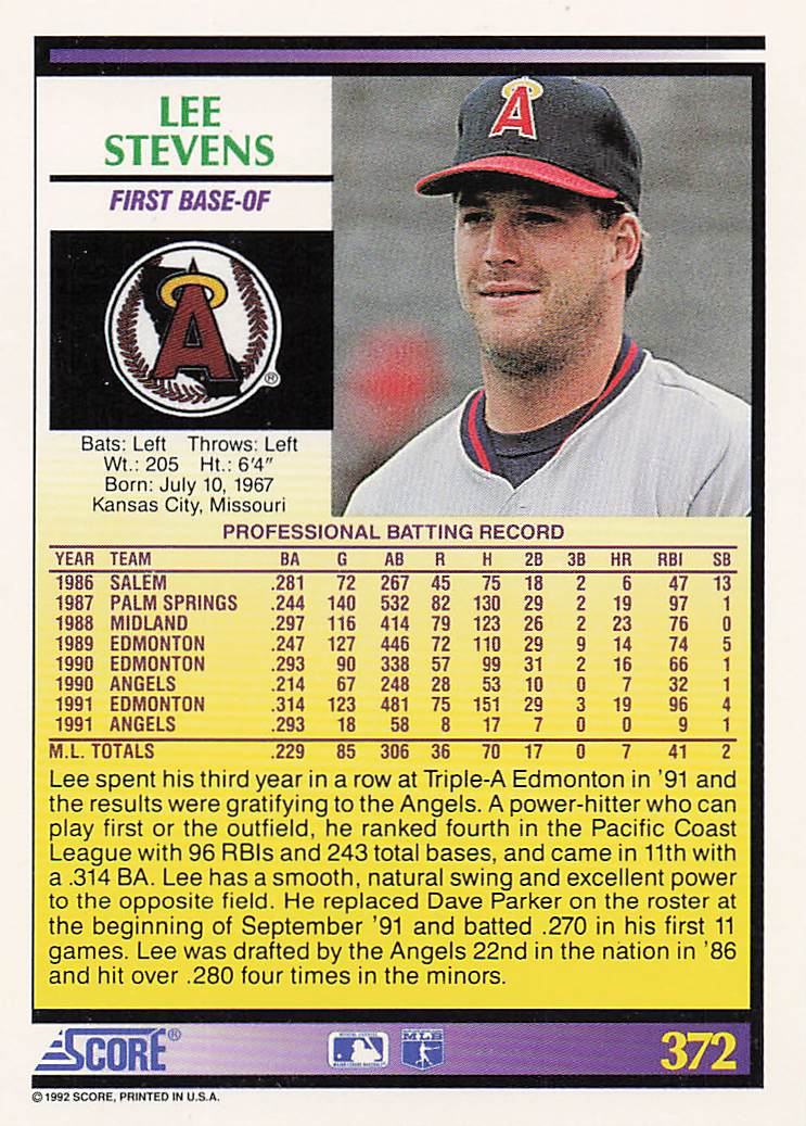 1992 Score Baseball Lee Stevens #372