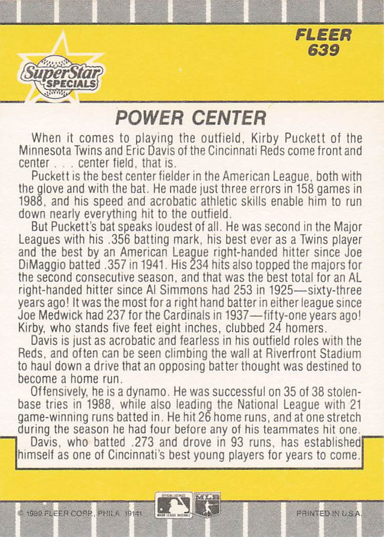 1989 Fleer Baseball Power Center (Kirby Puckett / Eric Davis) SSS, CPC #639