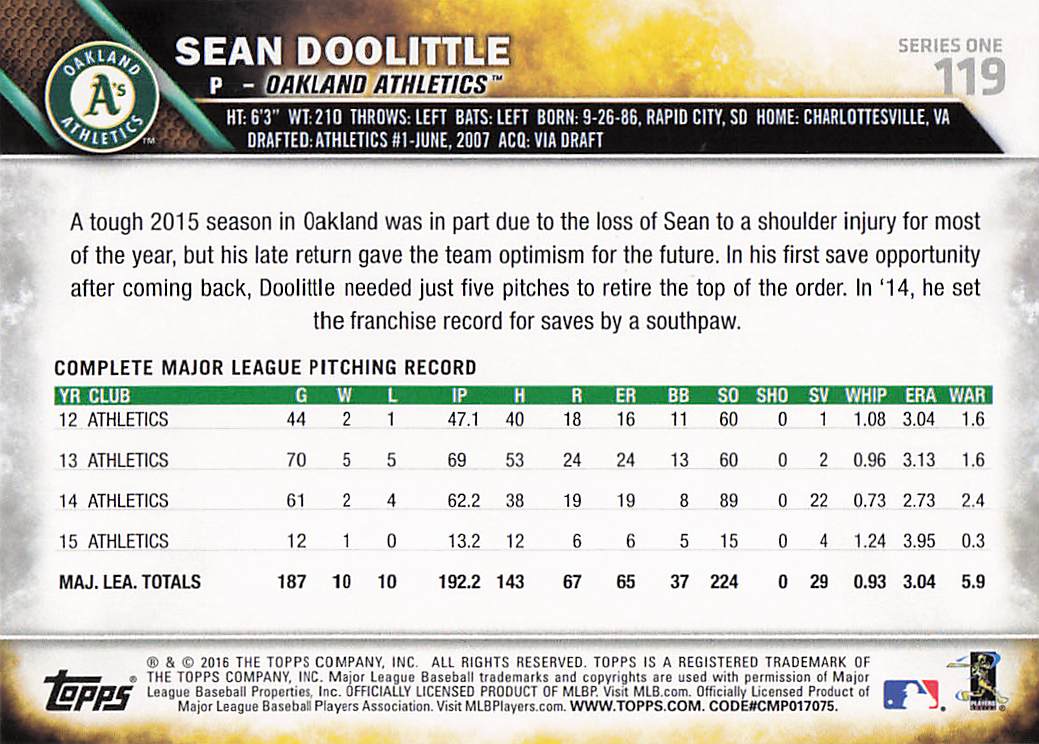 2016 Topps Baseball Sean Doolittle #119