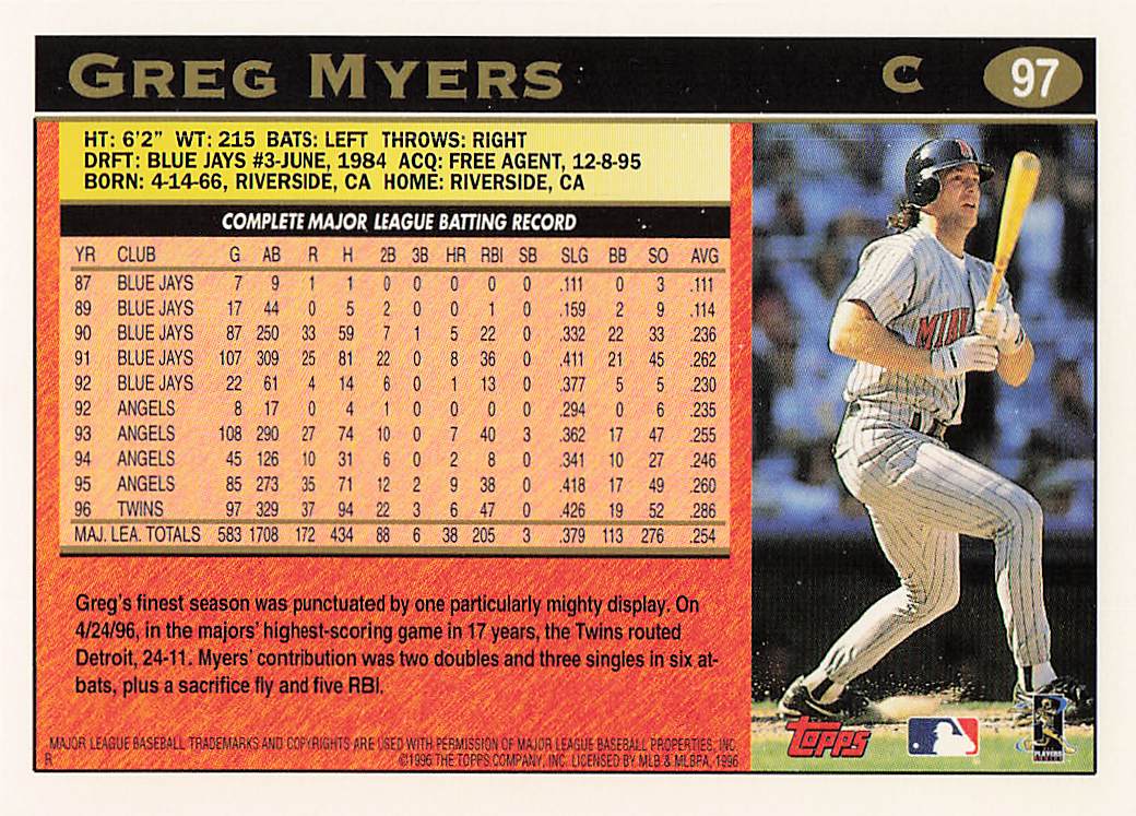 1997 Topps Baseball Greg Myers #97