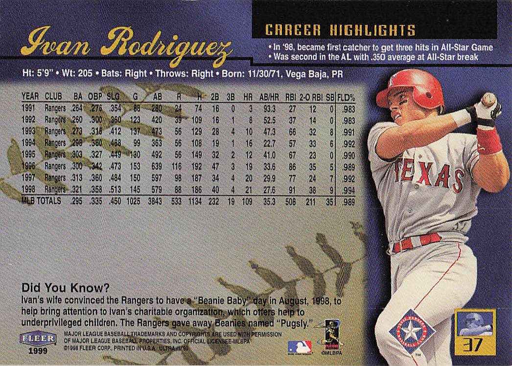 1999 Ultra Baseball Ivan Rodriguez #37