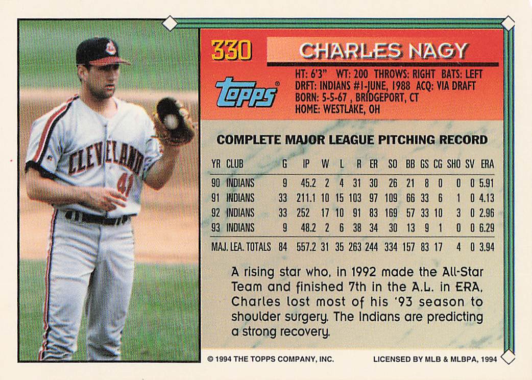 1994 Topps Baseball Charles Nagy #330b