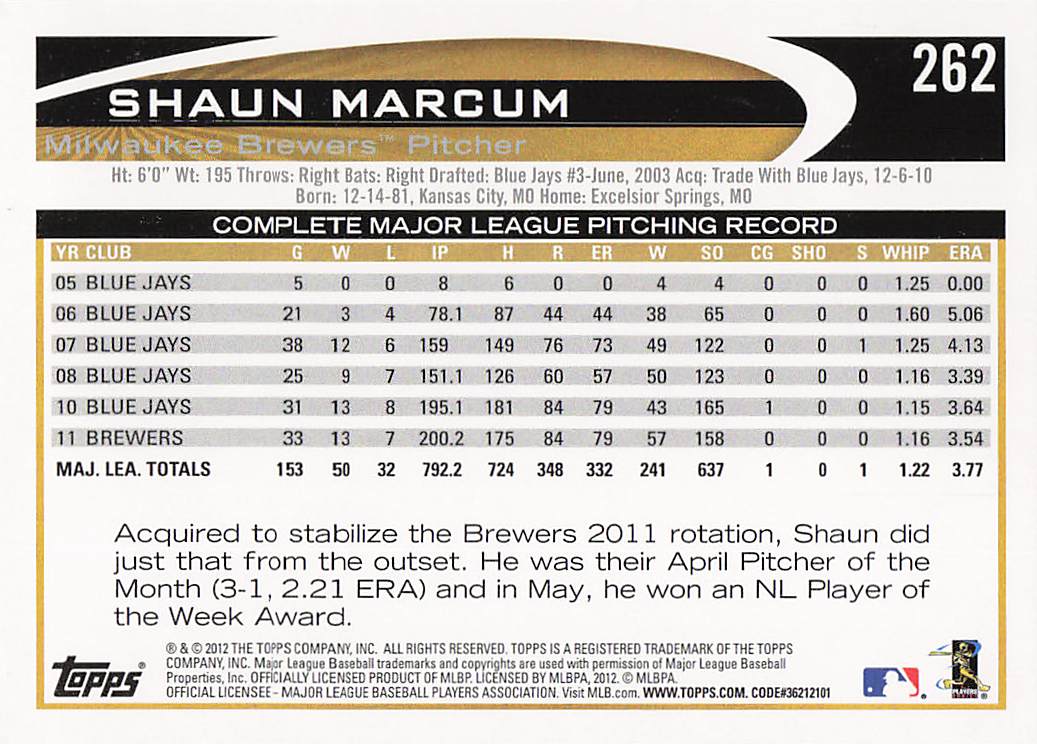 2012 Topps Baseball Shaun Marcum #262