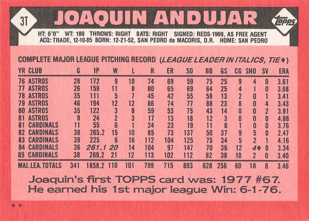 1986 Topps Traded Baseball Joaquin Andujar #3T