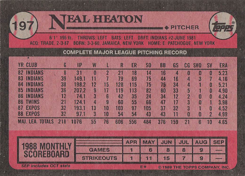 1989 Topps Baseball Neal Heaton #197