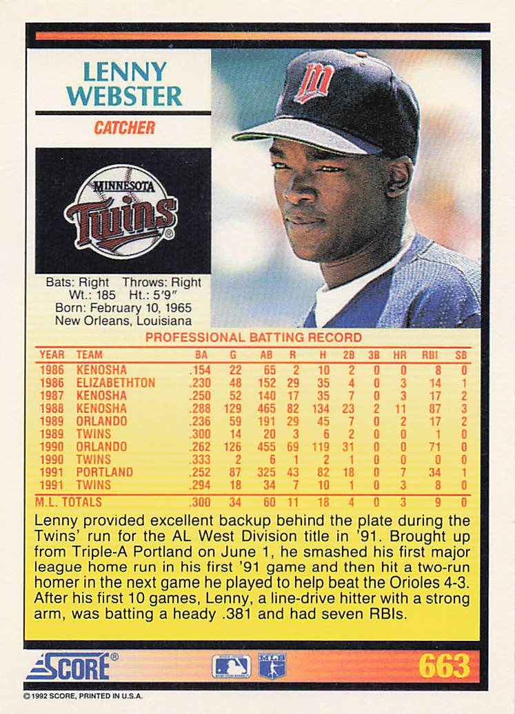 1992 Score Baseball Lenny Webster #663