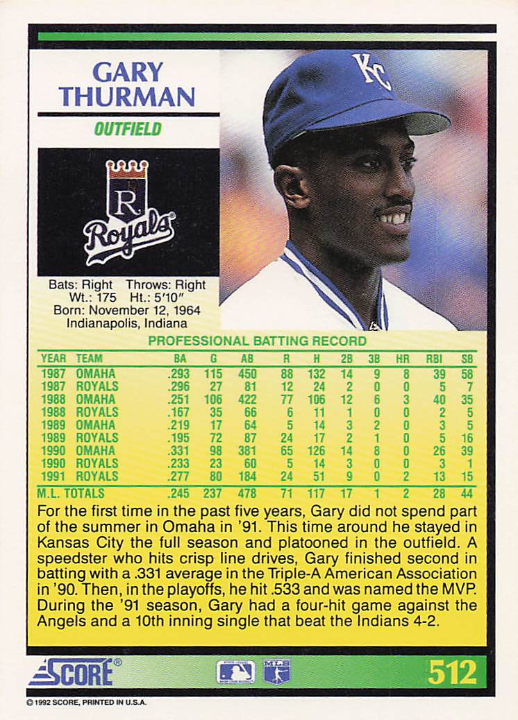 1992 Score Baseball Gary Thurman #512