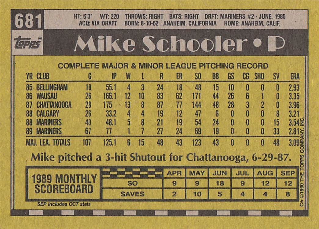 1990 Topps Baseball Mike Schooler #681