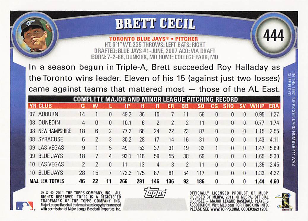 2011 Topps Baseball Brett Cecil #444