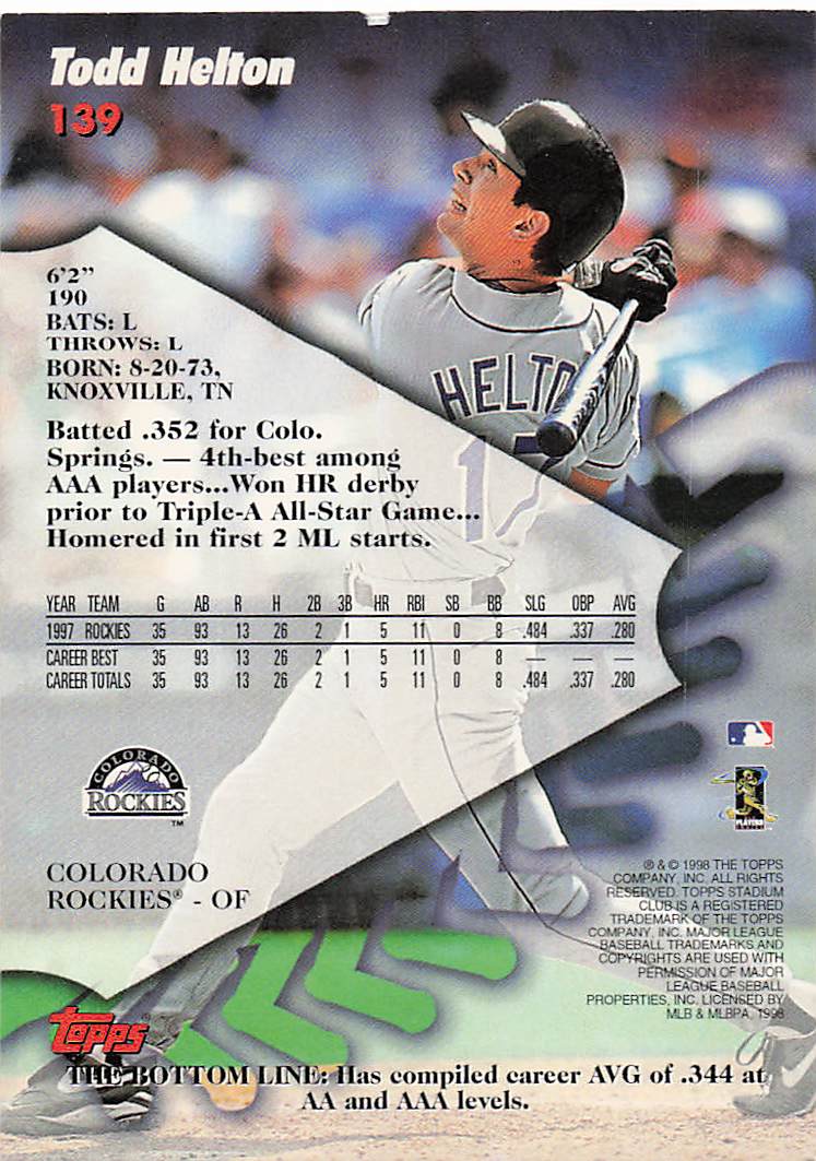1998 Stadium Club Baseball Todd Helton #139