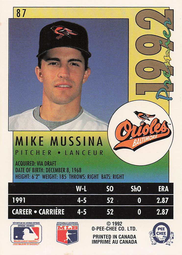1992 O-Pee-Chee Premier Baseball Mike Mussina #87