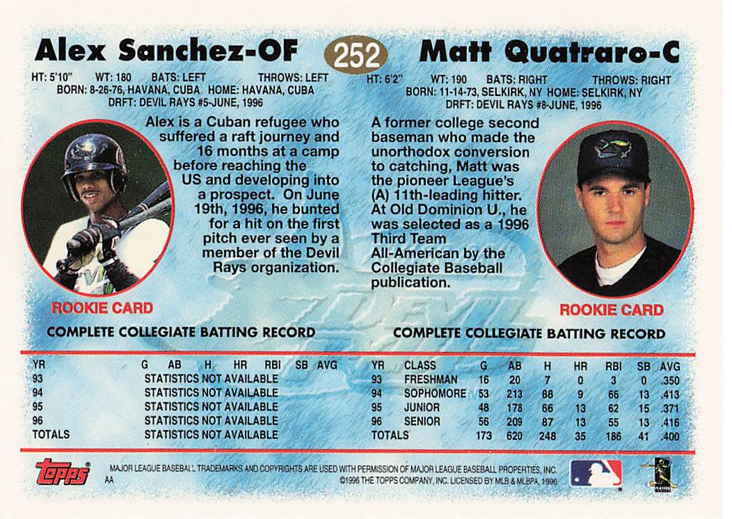 1997 Topps Baseball Matt Quatraro / Alex Sanchez RC #252 Rookie