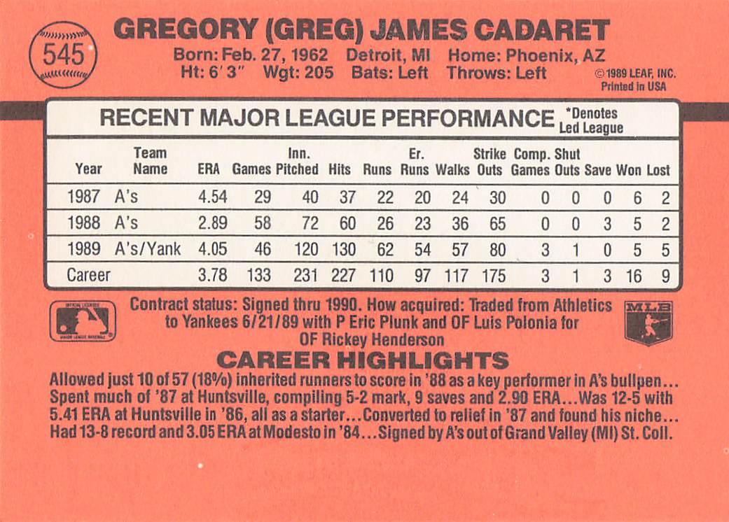 1990 Donruss Baseball Greg Cadaret #545b