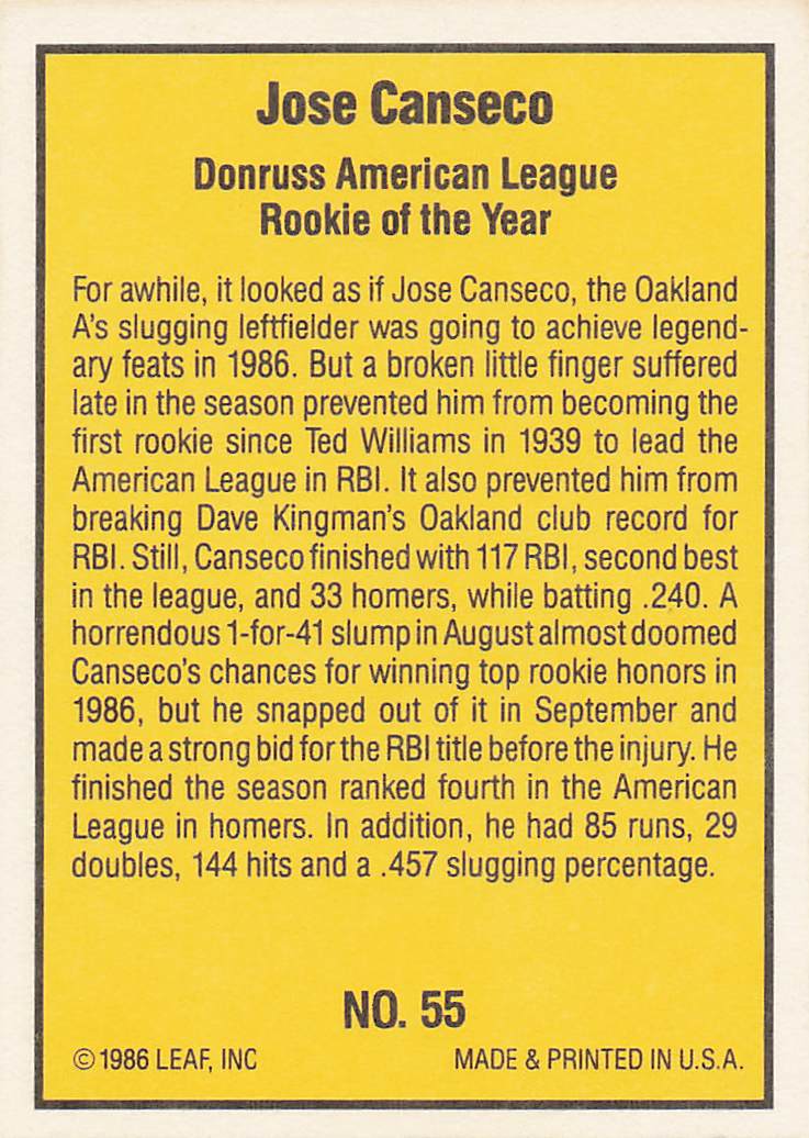 1986 Donruss Highlights Baseball Jose Canseco #55