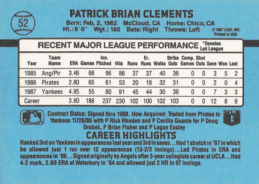 1988 Donruss Baseball Pat Clements #52c