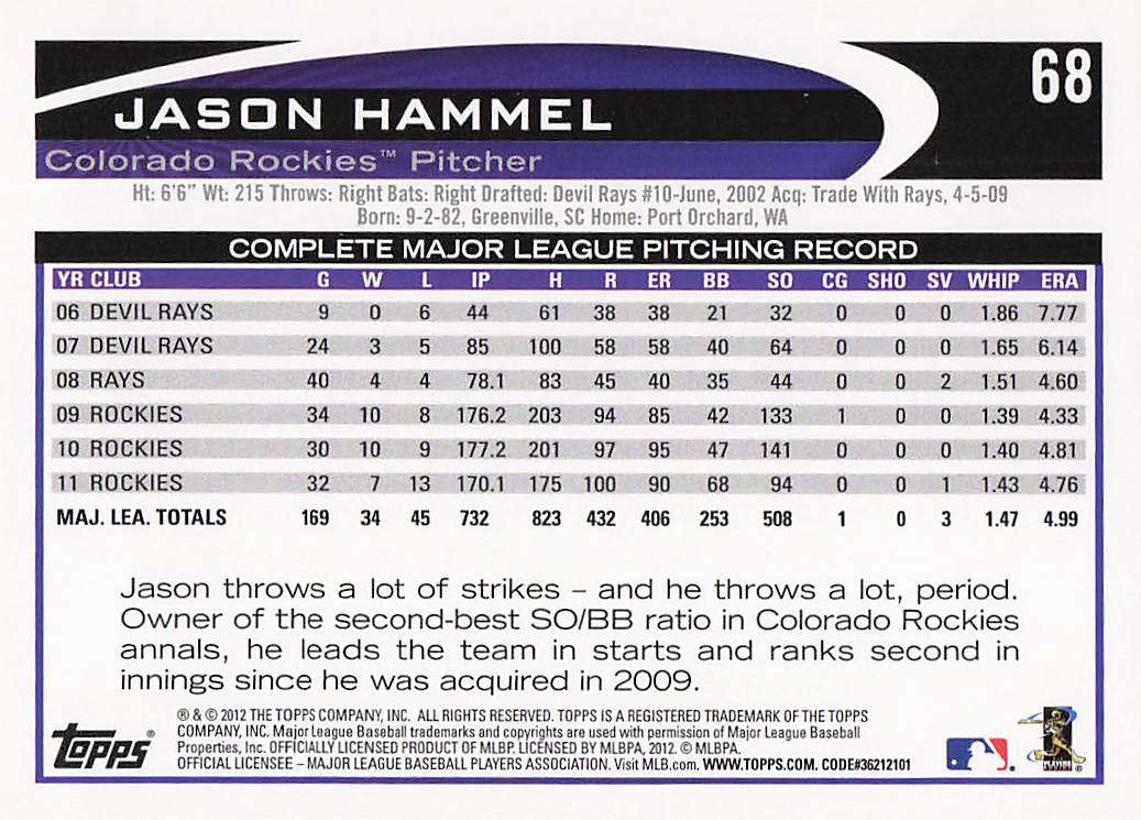 2012 Topps Baseball Jason Hammel #68a