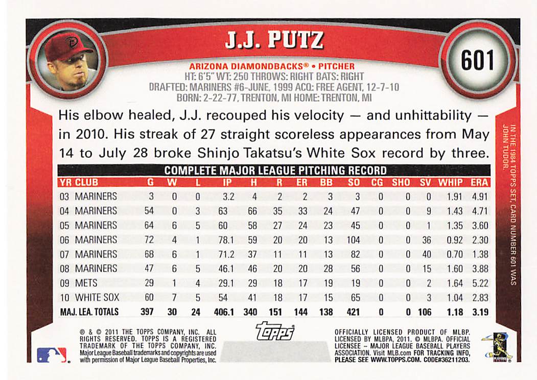 2011 Topps Baseball J.J. Putz #601