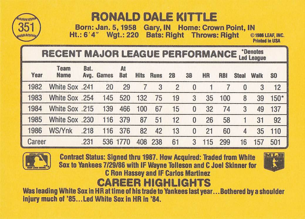 1987 Donruss Baseball Ron Kittle #351