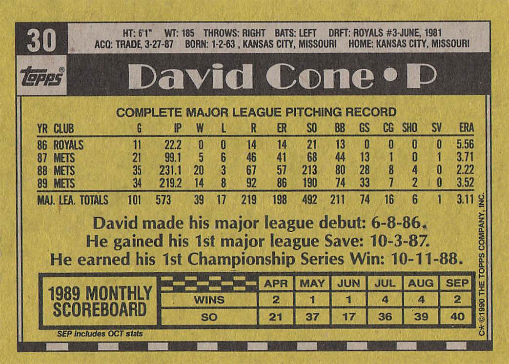 1990 Topps Baseball David Cone #30