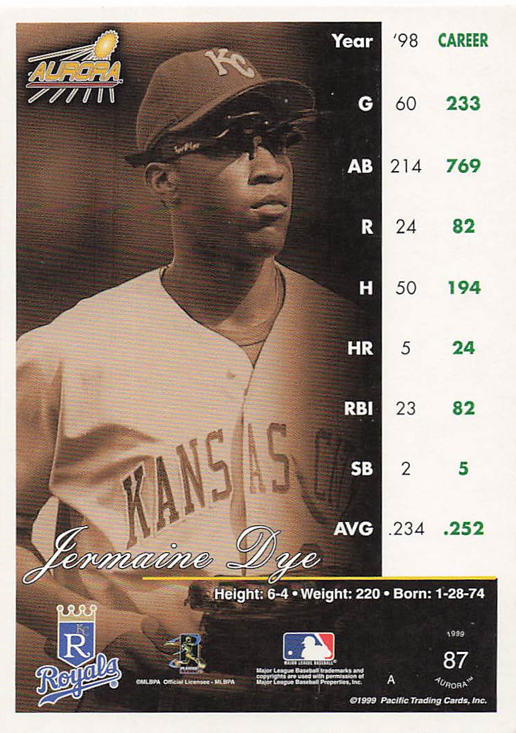 1999 Pacific Aurora Baseball Jermaine Dye #87