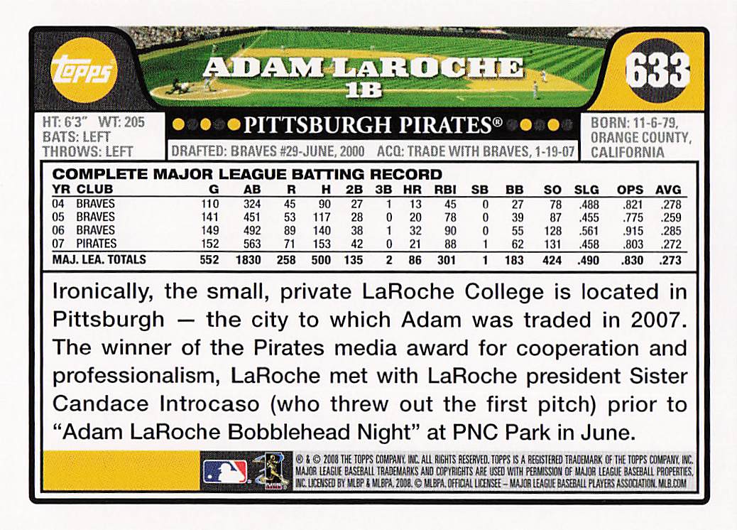 2008 Topps Baseball Adam LaRoche #633