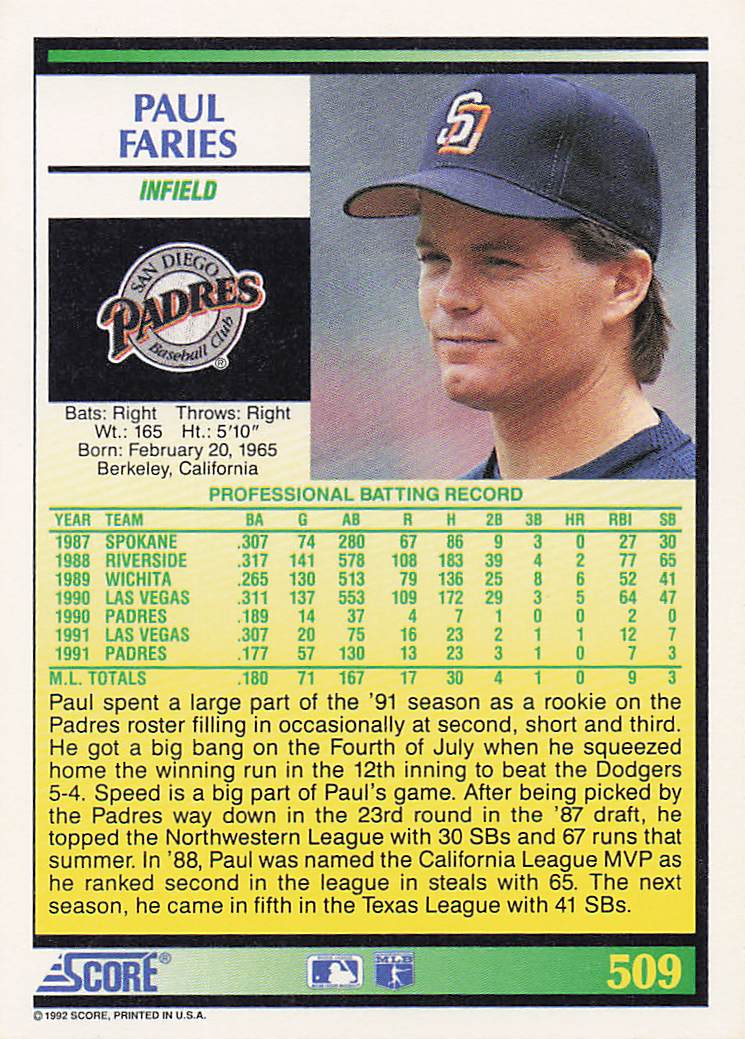 1992 Score Baseball Paul Faries #509