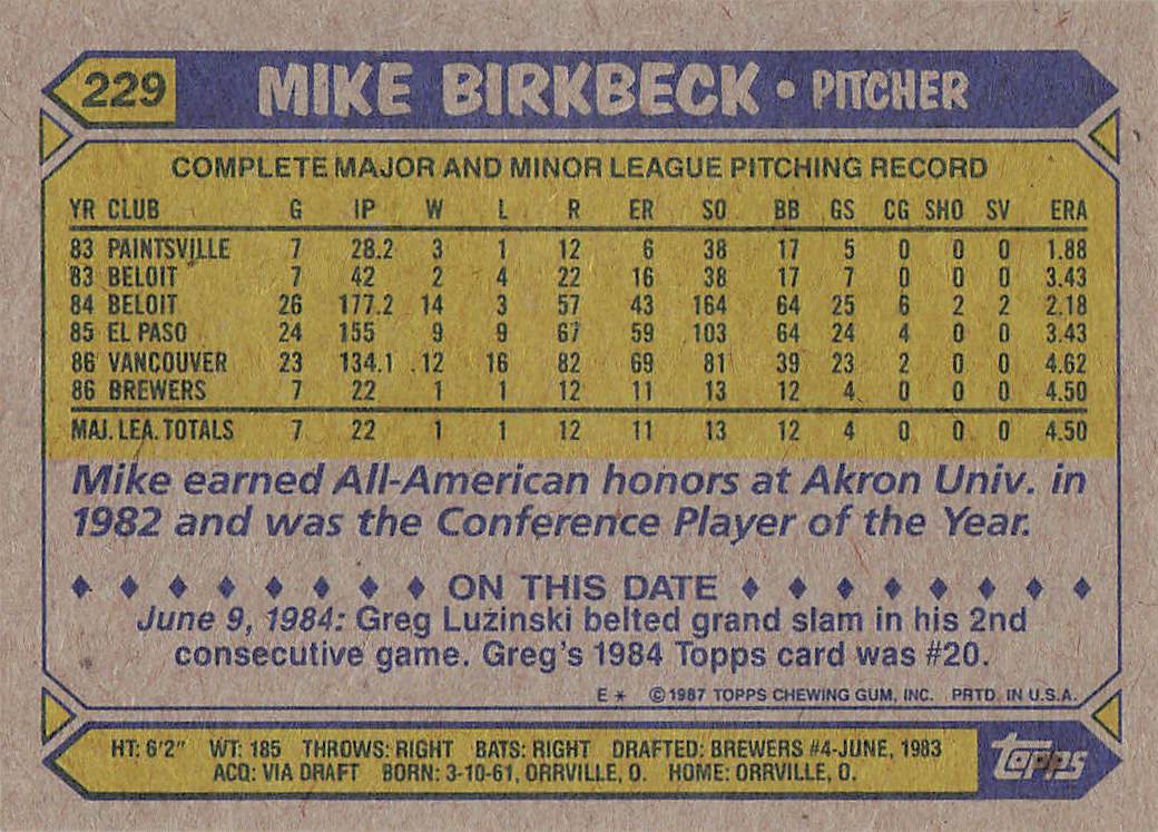 1987 Topps Baseball Mike Birkbeck #229 Rookie