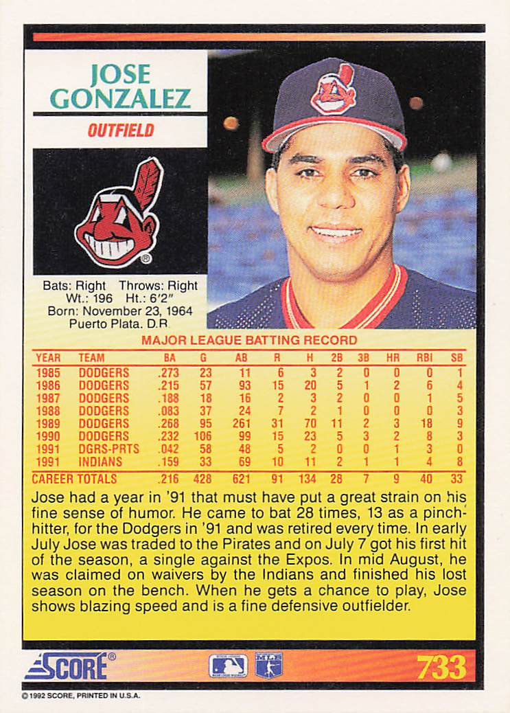 1992 Score Baseball Jose Gonzalez #733