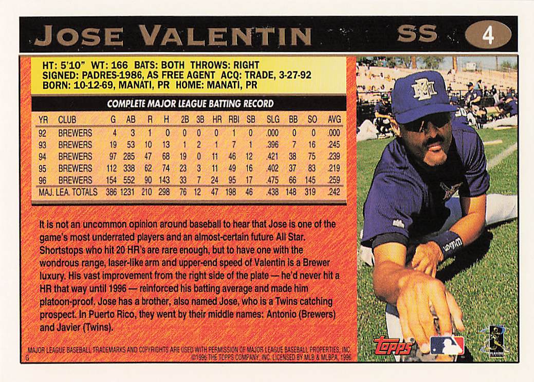 1997 Topps Baseball Jose Valentin #4